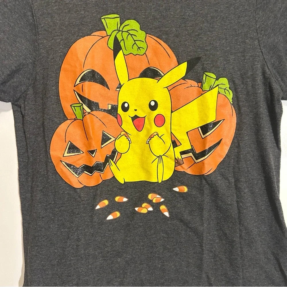 Pokemon Shirt Youth Size Medium Gray Pikachu Halloween Pumpkins Candy Corn
